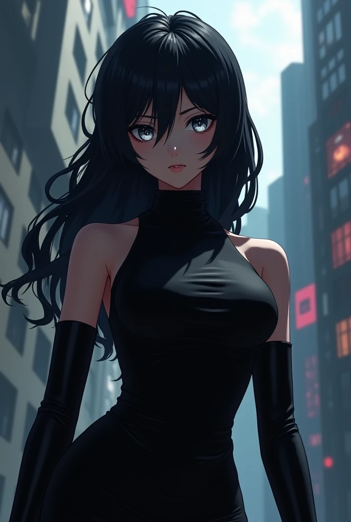 female villain, beautiful flowing hair, detailed, standing,upper body, skinny, black solar eclipse, esoteric,