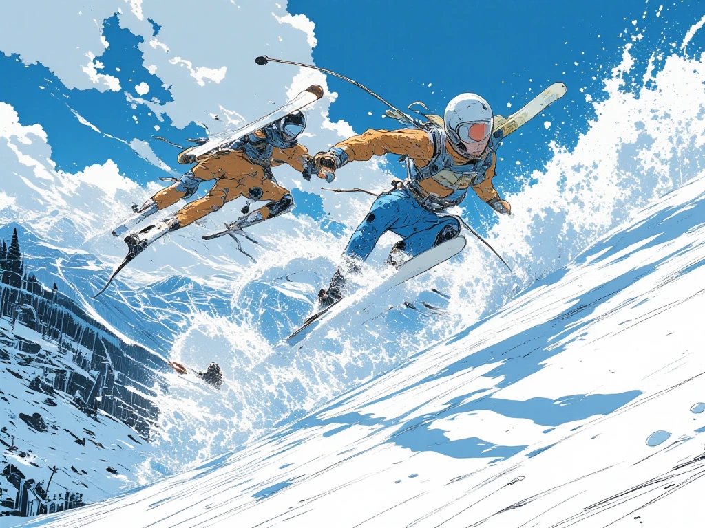 2comic panels, dynamic Ski Sprint scene, jump in the air, snow splash, motion blur, beautiful, realistic, close up shot from below.stylish,cool,speedy,high speed,Hong Kong action cinema style