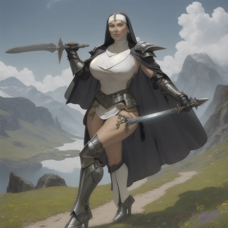 (masterpiece, top quality, best quality, official art, beautiful and aesthetic:1.2), (1girl:1.3), ((Sharp facial features, sharp features, hawkish features)), ((blue eyes)), busty brunette paladin knight girl, extremely detailed, portrait, looking at viewer, solo, (full body:0.6), detailed background, full-body shot, (warm mountain meadow theme:1.1), holy knight, (nun), charlatan, smirk, mysterious, swaying in mountains, armor, polished metal, gold trim, long boots, white fabric, stockings, robe, pale leather, ((((nun, greatsword, heavy armor, armored, long legs, toned, muscular)))), slim waist, slim hips, long legs, medieval (mountain exterior:1.1) background, dark mysterious lighting, shadows, magical atmosphere, dutch angle, ((cameltoe panty)), ((curvy ass)), ((naked muscular thighs:1.2)), (((attacked by heavy orc warriors:1.2))), (((surrounded:1.2))), ((restrained)), (((beaten))), (((hit in the face:1.2))), (((skinny)))