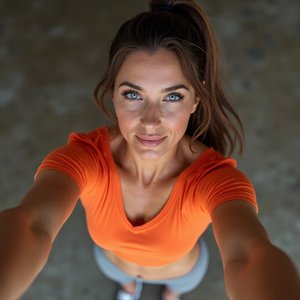 Woman, brown hair, ponytail, blue eyes, orange t-shirt, gray yoga pants, hot, fit, big breasts, beautiful, high quality, masterpiece, selfie, from above