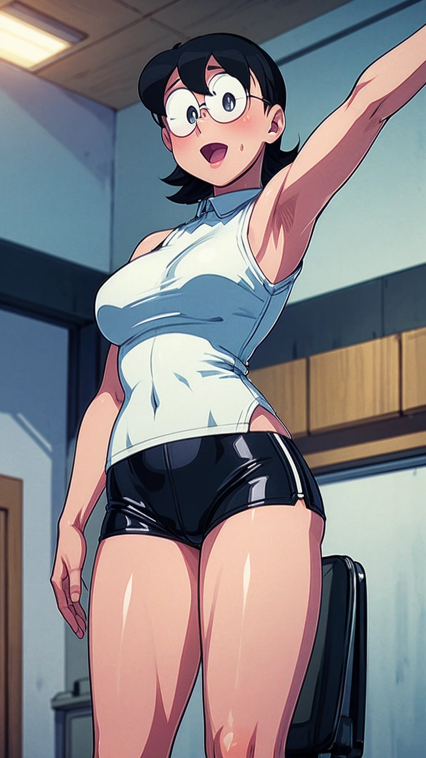 (perfect body),highest quality,(8K portrait),(anime screen cap)、(nsfw)、female police officer、((surprised)),blush,Sweat,((big breasts))、police hat、(black hair),((bob cut))、yellow eyes,(thick thighs),big ass、((gray sports panties、gray sports bra))、grit your teeth、adult woman、office room、Hands on the wall、fuck from behind、back