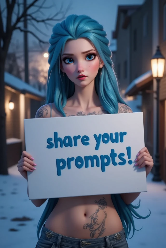 ultra realistic photo of a girl holding a sign texted "Share your prompts!" in cool font, her crop top shows her tattoos, long blue braided hair, (maximum ultra high definition image quality and rendering:3), maximum image detail, maximum realistic render, (((ultra realist style))), realist side lighting, , 8K high definition, realist soft lighting, (amazing special effect:3.5)