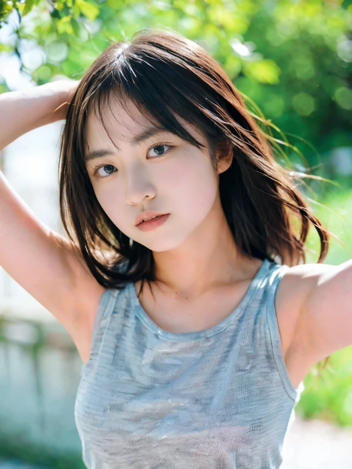 ( top quality、 high definition、8k、Masterpiece:1.55、 film grain)、(( full body photo:1.0))、 Japanese Women、A woman with a cute upward gaze、 tank top with a loose chest、 full body photo:1.33、 Stylish Clothes That Show Your Body Line That Looks Great on Instagram、 no underwear:1.88、 light brown hair、 cute、 lens flare、((Nice style))、 high definitionの詳細写真、Very beautiful and ideal、Super no makeup、(8k、 RAW photos、 top quality、Masterpiece:1.2)、( realistic)、 1 girl、(( looking at camera:1.4))、 hair fluttering in the wind