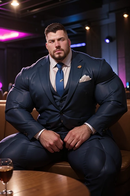 The Big show as a bodybuilder with enormous muscles, wide huge pectorals, wearing formal clothes, hairy chest, full body, abnormal, oversizing crotch bulging crotch