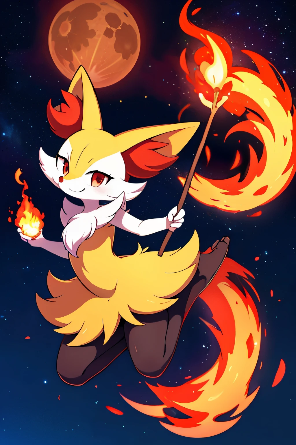 real e621, photorealistic, masterpiece, Braixen_(pokemon), looking at viewer, sharp red eyes, full body portrait, sweet smile, humanoid furry body, sexy, sexy pose, full body, female charm, smiling, nigh sky, brilliant stars and cosmos, magic stick on right hand, conjuring fire magic, wide smile