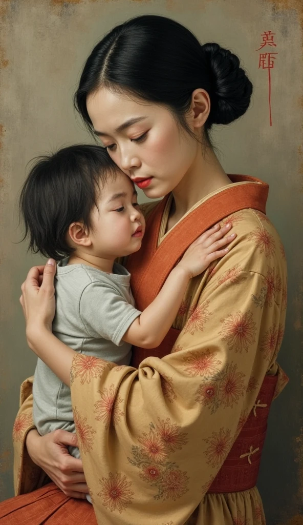 An old portrait reminiscent of the early Showa period, of a Japanese mother embracing her 