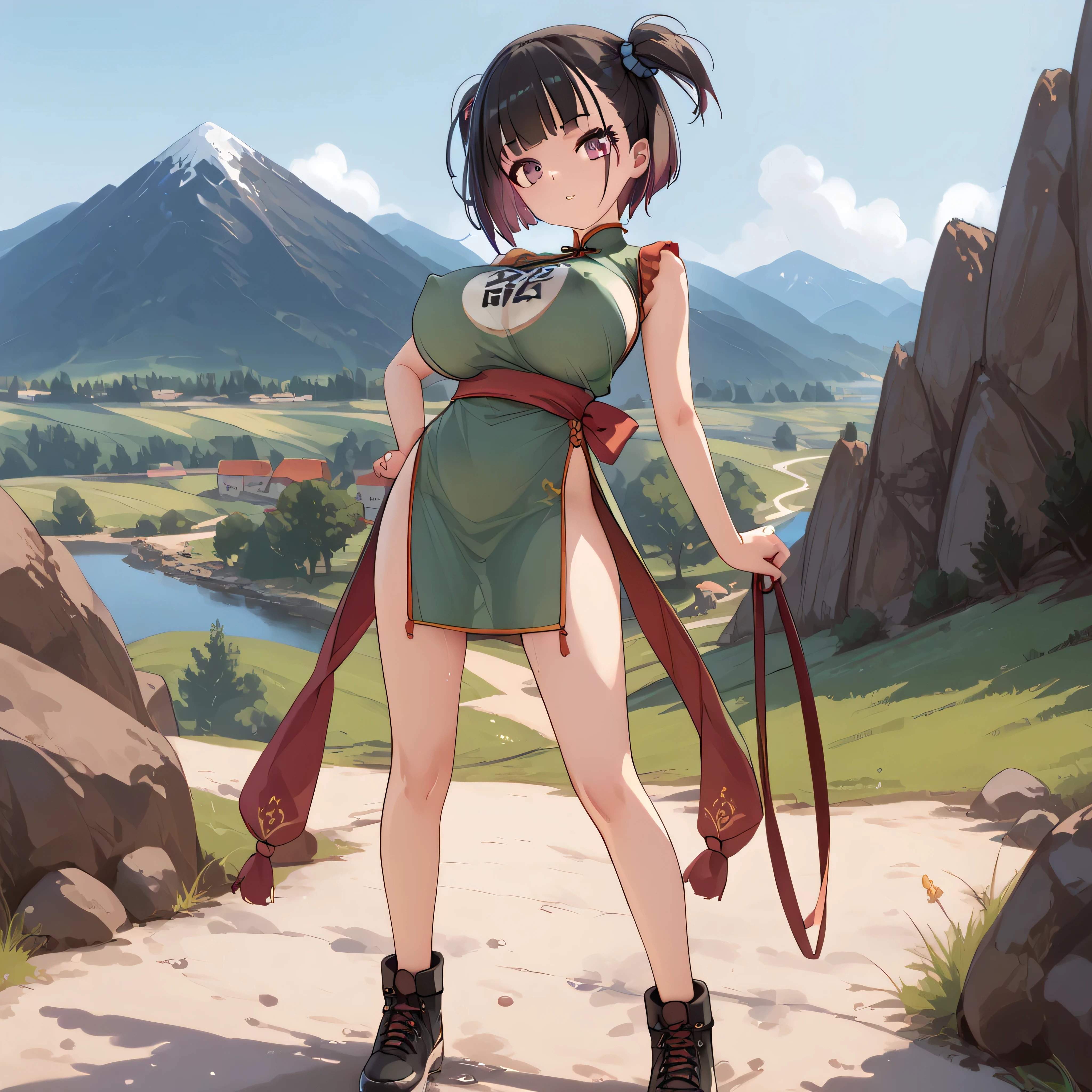 landscape, mountain, BREAK, skinny, (1 ite girl standing), fighter_dq3, (bouncing large breasts), (open legs), looking at viewer, BREAK, black short hair, (large breasts), bursting breasts, (too short torso), (too short waist), (too narrow waist:1.2), small stomach, skinny legs, (very long legs), BREAK, (green chinese dress), bared long legs, bottomless, slit, BREAK, nsfw, pussy juice, coverd erectile nipples