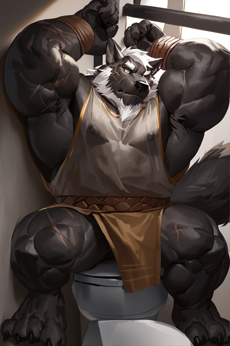 (epic,dynamic poses,dynamic angle,dark theme,alone,portrait),male,furry,((by lindong)),nipples,alone,1boy,Huge Muscular,((furry,huge wolf daddy,wolf,tyrant,black body,white hair,Masculine,handsome face,scars,middle age)),((serious face,Wear ancient Greek clothes)),thick chest hair, armpit hair,pectoral,(Muscular),hairy,(hair,   tank top :1.3,clean face),(((in toilet,gloomy,Back to camera,Hands and feet bound))),((strong physique,tall and huge,tall,golden ratio body,wide shoulder,wide pec,huge pec,thick arms),hair,bearded,detailed,huge pectoral,wide pectoral),masterpiece,semirealistic:1.2,high detailed,8k,high resolution,pose,looking to camera,anatomically correct,best quality,sfw,high detail.((Add textures and details to make the image more realistic.))((Make sure the resulting image is high resolution,8K quality.))((detailed head,detailed eye,detailed face,detailed body,detailed hand))