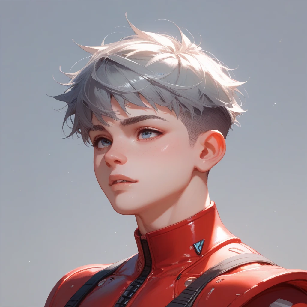 "A young boy with bright grey hair , short cut , bright skin, and the soft expression , wearing futuristic clothing , red clothes.  The boy . The white background , gives full focus to the character of the boy ,"