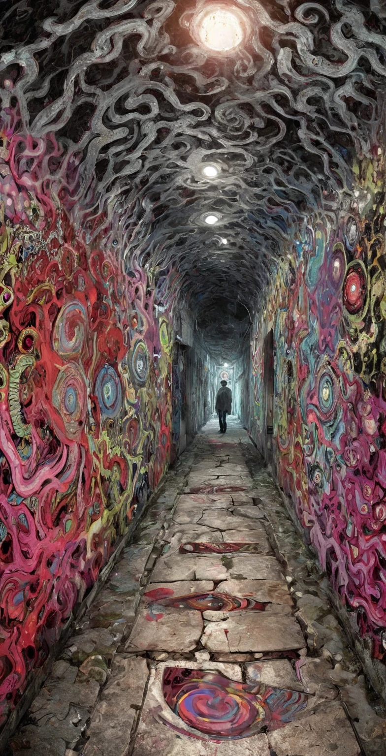  Illustration of an underground walkway、   Ito Junji 、 Umezu Kazuo art   、   Ito Junji   、   psychedelic 、LSD cartoon   、Swirl