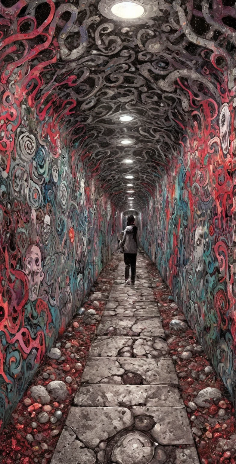  Illustration of an underground walkway、   Ito Junji 、 Umezu Kazuo art   、   Ito Junji   、   psychedelic 、LSD cartoon   、Swirl