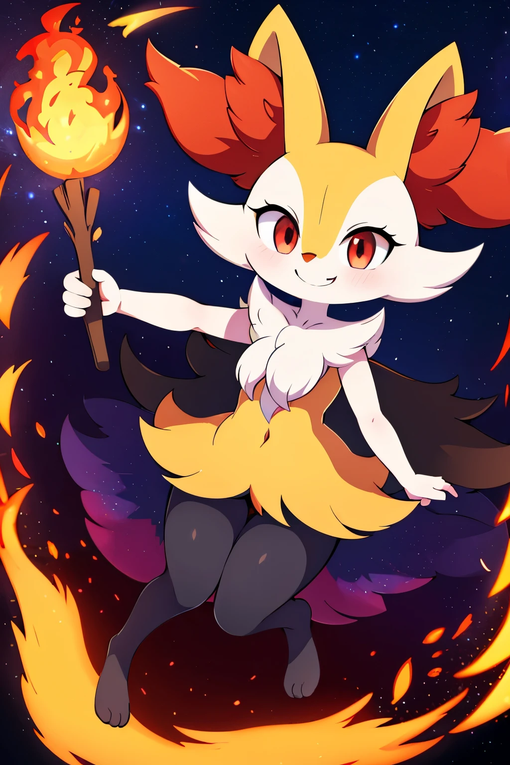 real e621, photorealistic, masterpiece, Braixen_(pokemon), looking at viewer, sharp red eyes, full body portrait, sweet smile, humanoid furry body, sexy, sexy pose, full body, female charm, smiling, night sky, magic stick on right hand, conjuring fire magic, wide smile