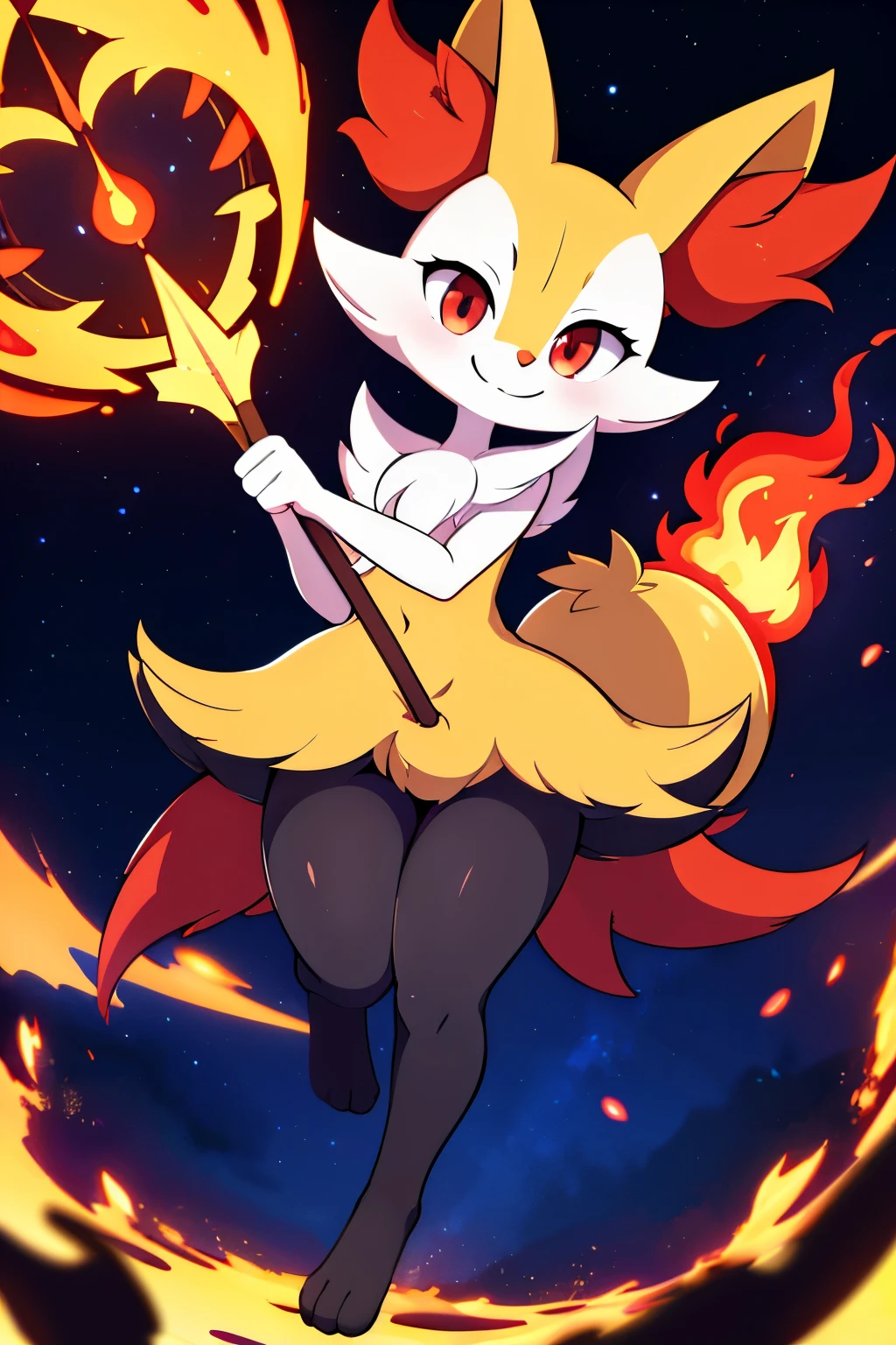 real e621, photorealistic, masterpiece, Braixen_(pokemon), looking at viewer, sharp red eyes, full body portrait, sweet smile, humanoid furry body, sexy, sexy pose, full body, female charm, smiling, night sky, magic stick on right hand, conjuring fire magic, wide smile