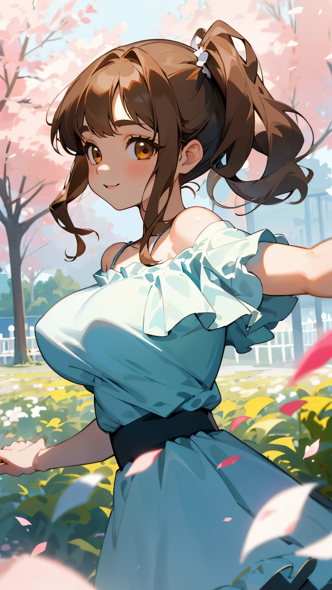 １ girls with light makeup、 big eyes、Dark brown eyes、 light brown hair、 SIDE PONYTAIL 、Big Breasts、stupid hair、plain off-the-shoulder dress 、Short sleeve、Frills、 Upper Body Closeup、 The landscape in the background is a garden with dancing petals、smile、 from side、Picturesque、 sharp outline 