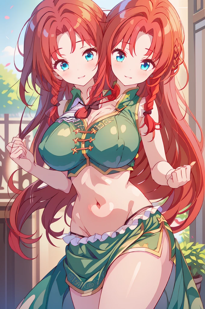 (masterpiece, best quality),best quality, (ultra-detailed), (3heads:1.5), 1girl, (ultra-detailed), (3heads:1.5), 1girl, (hong meiling:1.3), hong meiling, masterpiece, (best quality:1.5, highres, UHD), highres, absurdo, ultra detail, ultra quality, Ultra resolution, green top, crop top, ((stomach)), midriff, ((groin)), green skirt, miniskirt, normal ears, twin braids, red hair, ((red hair:1.5)), ((redhead:1.5)), very long hair, flowing red hair, sidelocks, blue eyes, parted lips, midriff, smiling, soft smile, gentle smile, cute smile, cute, toned belly, hand on own chest, eyelashes, (2 woman:1.3), (masterpiece:1.5), (best quality:1.5), (beautiful detailed), extremely detailed CG, extremely delicate and beautiful, depth of field, (finely detailed face), (perfect details:1.2), (mature female:1.3), wide pelvis, slender, large veiny breast, 16k resolution, high quality, high definition, extremely detailed, masterpiece, (red hair), long hair, (same hair color), alluring presence, twin braid, short skirt, close up, very big breasts, huge breasts, young, striped, (wearing a green beret:1.5), hair ornament, (revealing chinese clothes:1.5)), star hat ornament, open belly, nsfw, girl with three heads, three headed girl,
