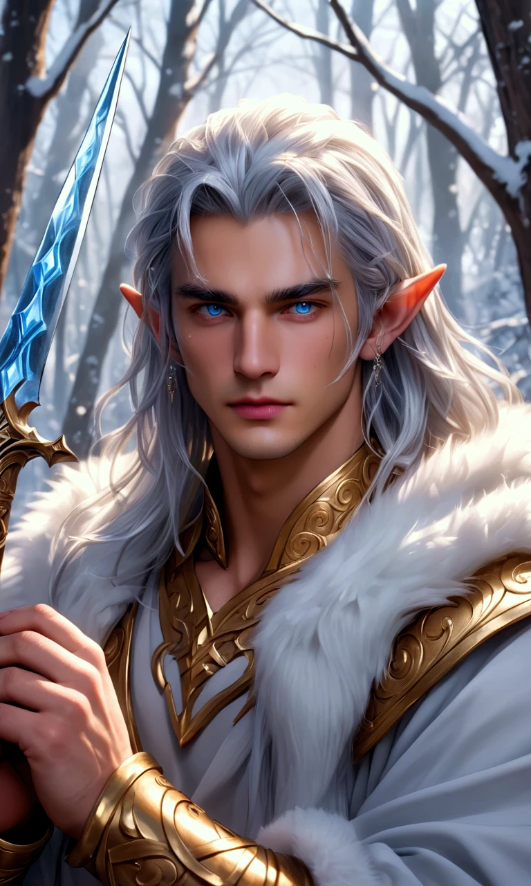 (Ridiculous, high resolution, very detailed, original character, high dynamic range), 1 person, alone, adult, good-looking, ((Tall and muscular man, broad shoulders)), delicate eyes, ((White hair hiding fluffy elf ears)), hair between the eyes, appropriate amount, snow-white skin, glowing ice blue eyes, hands emitting a powerful, radiant light, magic spells, golden armor with intricate silver decorations, tight fit, holding a sword, (portraiture), face focus, modern forest entrance park, depth of written boundary. Skin as radiant and white as snow.

