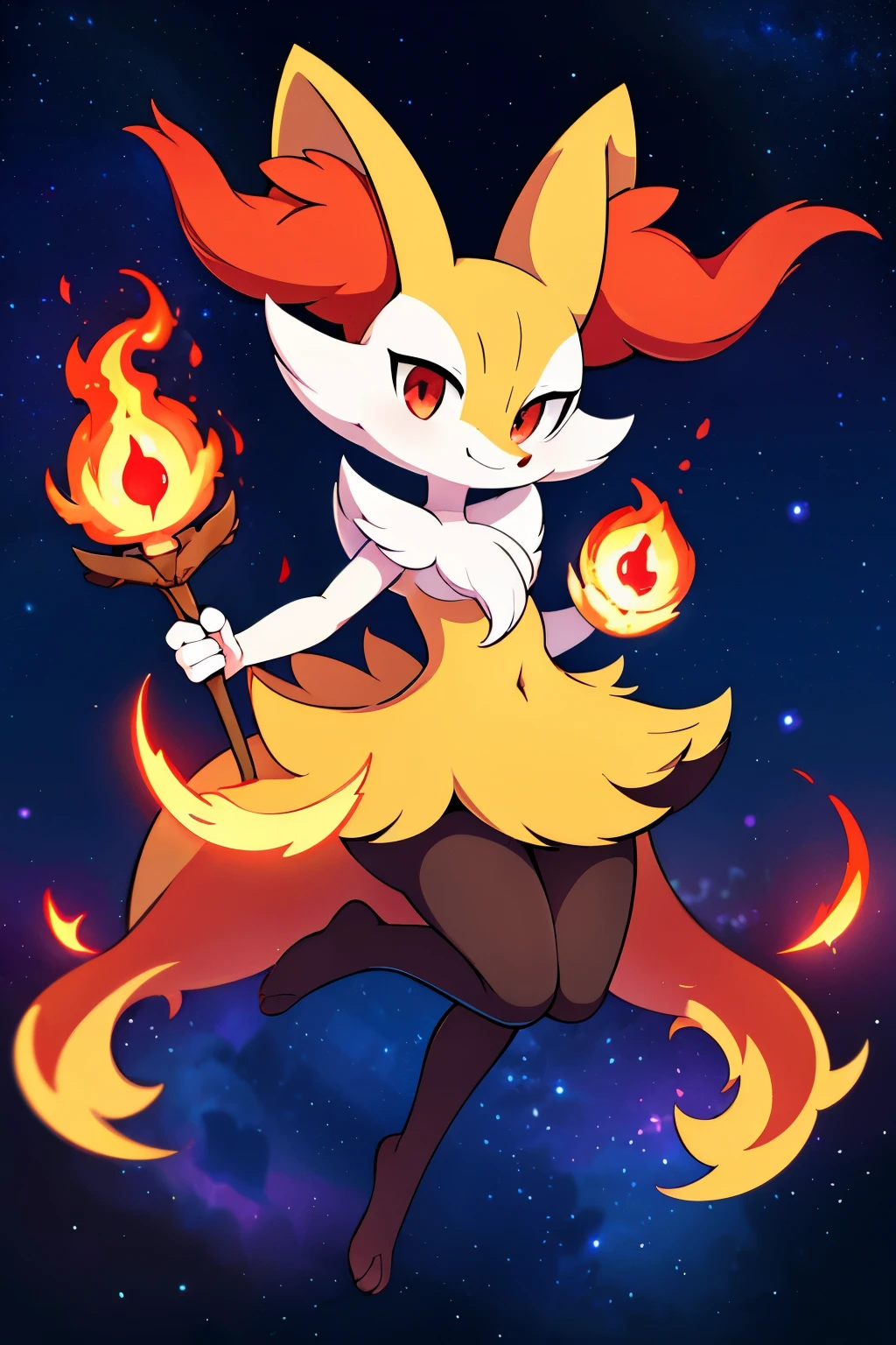 real e621, photorealistic, masterpiece, Braixen_(pokemon), looking at viewer, sharp red eyes, full body portrait, sweet smile, humanoid furry body, sexy, sexy pose, full body, female charm, smiling, night sky, magic stick on right hand, conjuring fire magic, wide smile