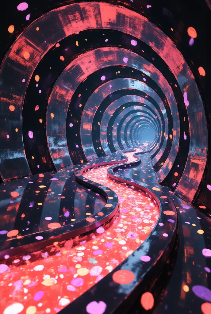 a meticulously detailed,realistic, 8k masterpiece of a , twisting,Endless Corridor, winding Corridor with colorful petals, floating and reflecting in the mirrors,Fully mirrored,Corridor twisting phenomenon,Twisted endless corridor, loop,seven colors, colorful,bathed in warm, dramatic lighting, creating an ethereal, dreamlike atmosphere