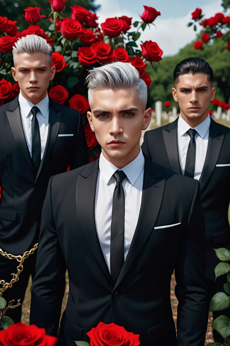 FOUR STRONG AND HANDSOME MEN IN BLACK SUITS AND CAPES WITH RED BACKGROUND,  OPEN BLOUSE SHOWING BOOBS GIGANTIC TIDDIES ,  blue eyes, Latin skin,  UNDERCUT SILVER HAIR , IN A CEMETERY ,  red roses ,  TRUNKS FULL OF GRAINS LIKE SNAKES HIGH DETAILS , cinematic, SHARP FOCUS ,  perfect .
