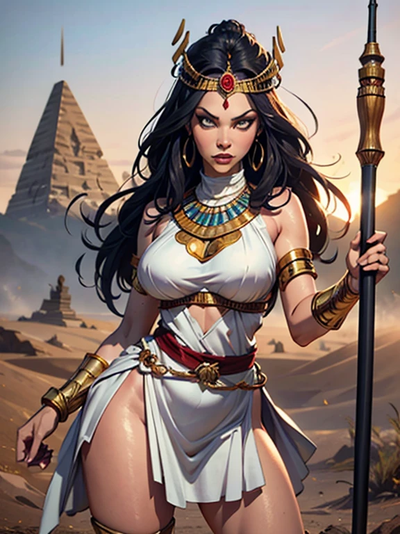 ((Oil painting by Frank Frazetta.)),Beautiful queen Cleopatra Egyptian woman, beautiful black eyessmiling egyptian woman, (Bright Egyptian ornaments, muscled body y perfecto:1.4,(premium、8k、32K、masterpiece)、超High resolution, ((Traditional Egyptian Bangs and Fringe Hairstyle.)), Black hair with abundant bangs on the forehead., (cowboy shot), depth of field, cinematic lighting effect、muscled body, shiny caramel skin with oil and sweat, ((egyptian sorceress)), ((wearing insanely detailed blue and gold ancient egyptian sorceress outfit)), ((Egyptian headdress decorated in blue and gold)), ((((big and heavy breasts)))), interior of ancient egyptian palace, (((NSFW))), (((open legs, having sex)))