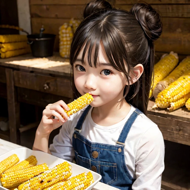 stall,  8k wallpaper,  More Details  ,    beautiful,    beautiful, Masterpiece,    top quality  ,   bun hair  , Eat grilled corn