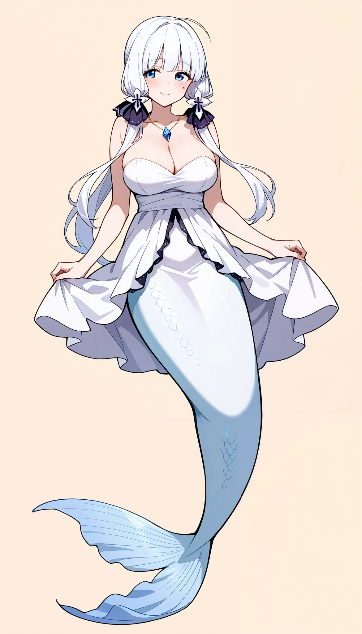 (分Fraction_9, Fraction_8_up, Fraction_7_up, simple background,
1 Girl, outstanding - skin 7 , white dress , Big Breasts , clavicle, illustrious, blue eyes, hair ornament, hair ribbon, long hair, mole, mole under eye, white hair,
Mermaid,white mermaid tail, Smile,Shy,Full body picture