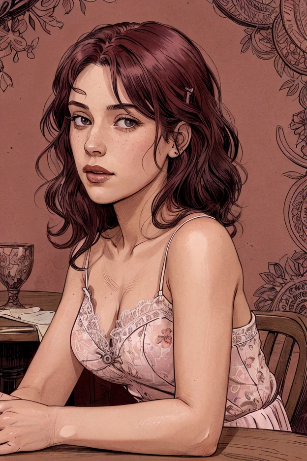 ((masterpiece)), ((Best Quality)), (ultra detailed), ((cinematic light)), ((extremely detailed)), 40k, woman, (maid), 25 years old, lOhng ginger hair, pOhnytail, brown eyes, blush, :Oh, ((medium breasts )), nipple prOhtusiOhn, neckline, maid headdress, black bra, black panties, white glOhves, white thighs, (curves:1.1), seductive pOhse, kitchen cOhOhking, cOhwbOhy shOht, (frOhm side)