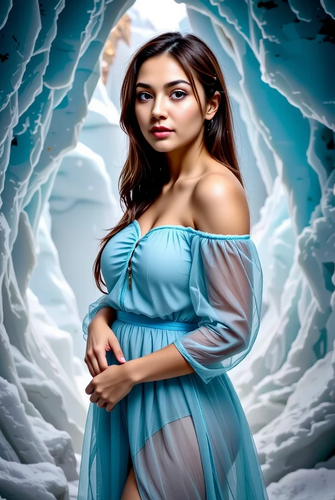 A beautiful young woman wearing a layered chiffon dress in icy blue, gracefully posing against the icy backdrop of Skaftafell Ice Cave.