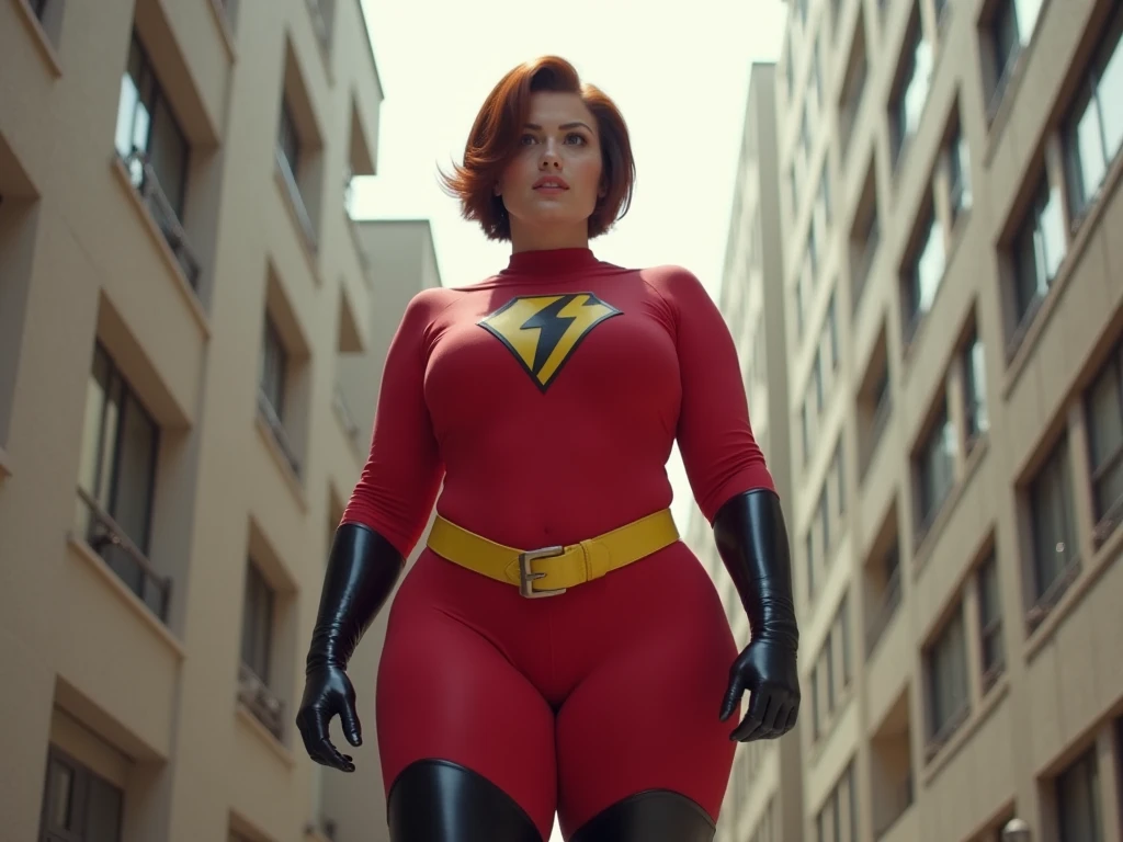 (masterpiece), (solo character), (photorealistic:1.4), ),(best quality), (the Incredibles red top clevage bodysuit),, (Dakota Johnson wearing the Incredibles red bodysuit) ), (Dakota Johnson in Helen Parr hairstyle), (helen short hairstyle), (flashphoto), (epiCRealLife), (lora:epiCFlashPhoto), (wearing thighhigh), (the incredibles elbow gloves), (midriff cleavages), ( show cleavages), (Dakota Johnson wearing sunglasses), (college outdoor), (from side), (hips up), 