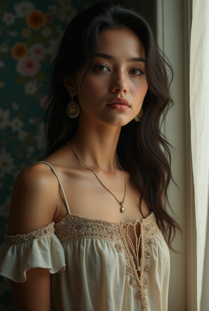 A Indian teen girl medium hair medium breast sitting on sofa Indian house wearing frock realistic