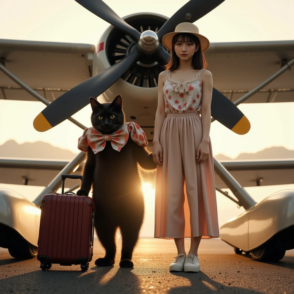 ultra-realistic, photorealistic, dramatic scene, shadow, global-illumination, melancholy, 1 girl\( 20 years old Japanese beautiful girl, beautiful with cute face, wearing a cute patterned one-piece dress with long skirt, pastel camisole, shoulder-length brown hair, accessories, simple sneaker, elegant hat\), 1 human-like giant black cat\( human-like giant black cat, bow tie, wearing a conservative aloha-shirt, slight taller than the girl, standing with her, wearing an dark colored aloha-shirt, holding a large suits case, little chubby\), the girl and human-like giant black cat are about to board the private flying boat moored at the private seaplane port, old flying boat with single propeller, monoplane, the propeller is illuminated by the warm sun