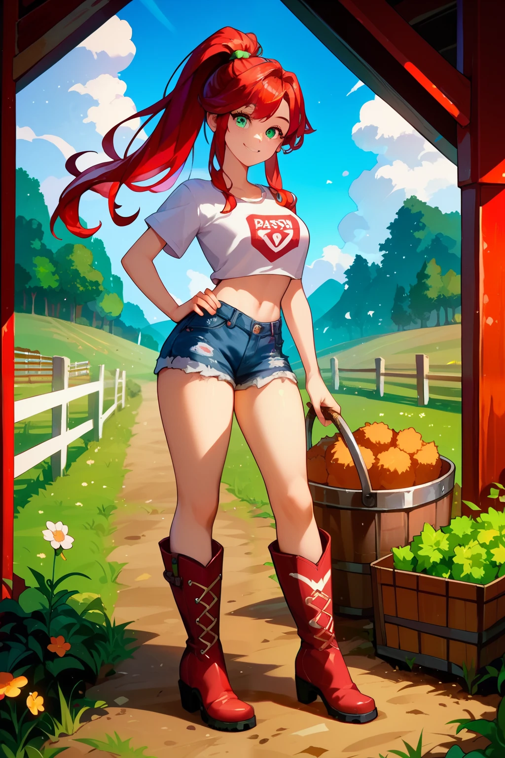 ),(masterpiece),(best quality),(ultra-detailed),(best illustration),(best shadow),(absurdres),(detailed background), Red long hair (Ponytail), green eyes, Daisy dukes, Smiling, Boots, Farm,