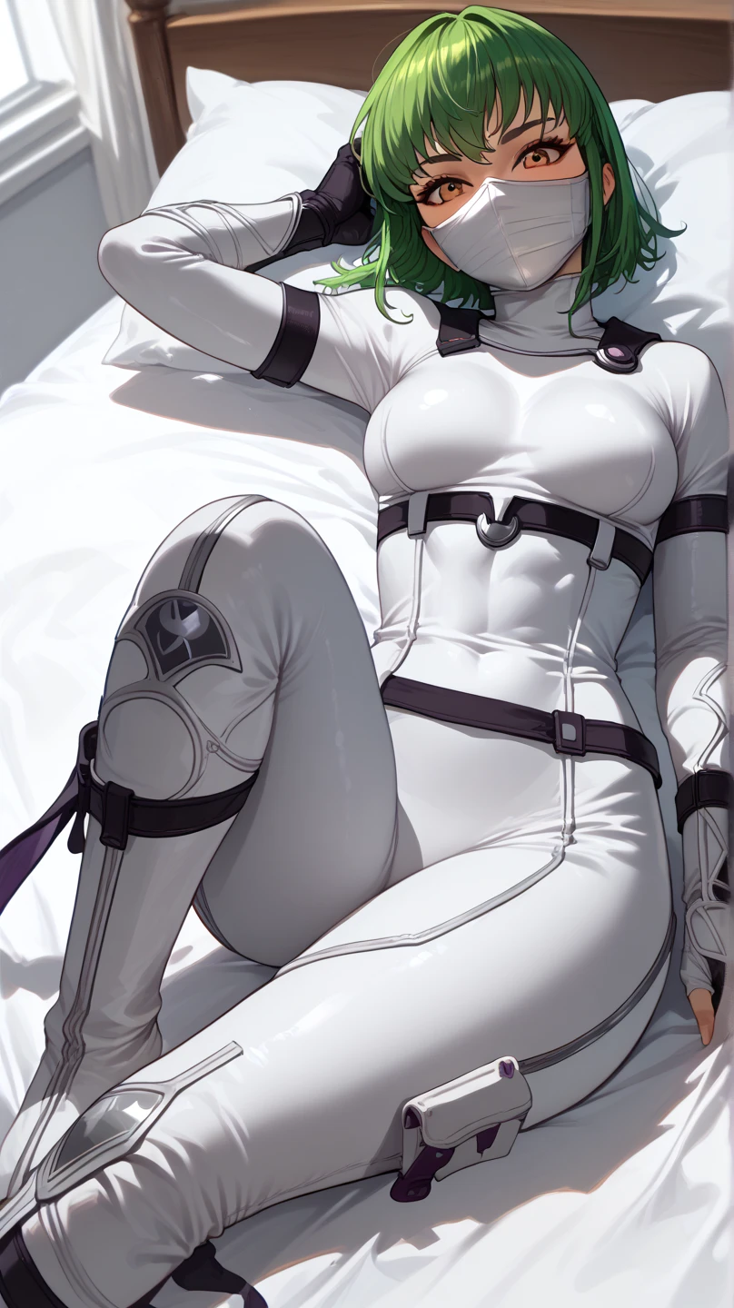                                                
  skin tight White body suit　 bed　                             invited position 　 sexy　 showing private parts 　 open thighs　 　　　M-shaped legs　                      
   ecstatic expression　
c.c.  ninja mask mouth mask　 Green　hair　長い髪, 