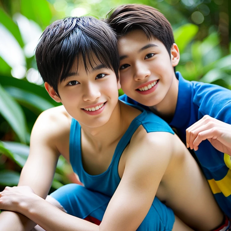 Japan males 2、Both are 13 years old、Muscles and smooth skin、Very short black hair、Relaxed and friendly smile、Light blue thin boxer briefs、the whole body looks good、
