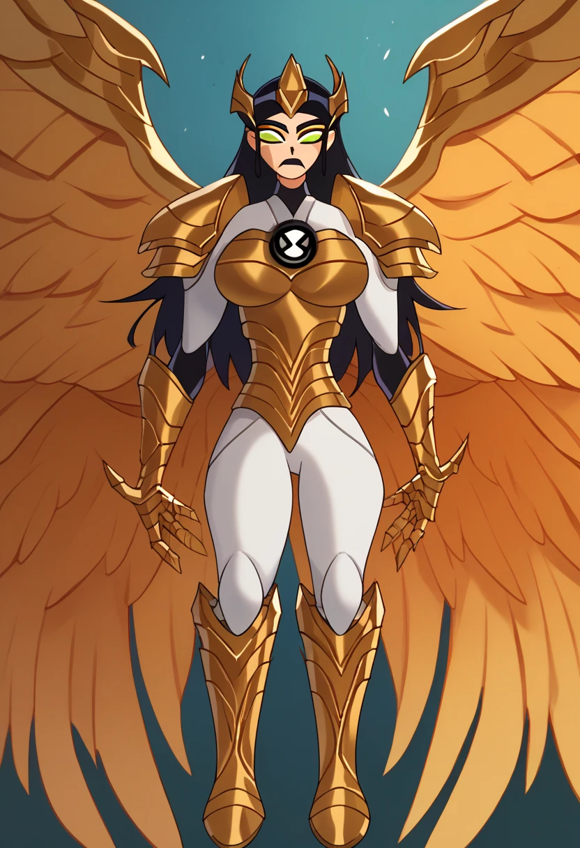 score_5_up, 1 woman,  green eyes, wings, multiple wings, 4 wings, armor, armor de metal, golden armor,  black hair, Big breasts, white pants, Long hair , armor solar, Ben 10, 1 Insignia