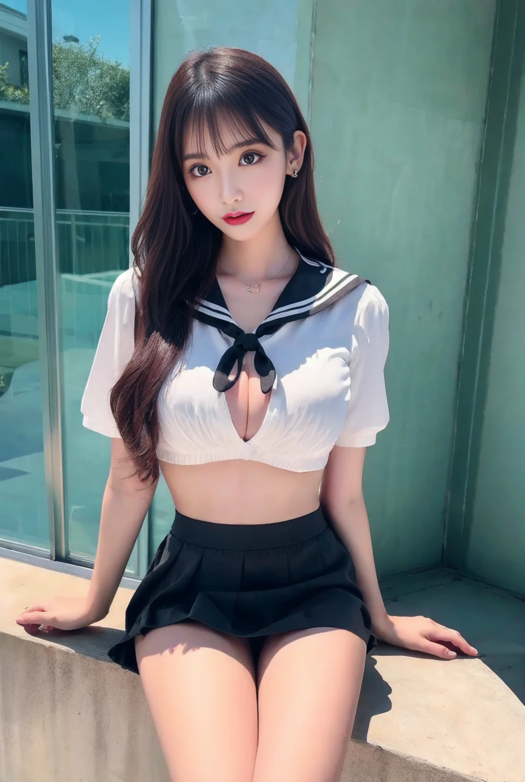 Highly detailed CG Unity 8K wallpaper、highest quality、Super detailed、masterpiece、realistic、Photoreal、bright lighting、face light、17 years old、Japanese high school girl、very cute、Big eyes、((droopy eyes))、long eyelashes、(Watery eye)、((ecstasy face))、Pant voice、blush、(sleepy)、(brown hair with bangs)、earrings、shiny skin、pure white skin、big and full breasts、((perfect anatomy、thin hands、perfect hands、five fingers connected to the palm、Accurate needle with no discomfort))、((navy pleated mini skirt:1.5))、(short sleeve white sailor suit:1.3)、(Very short sailor suit)、(gorgeous white lace panties:1.3)、(Sailor uniform is exposed、Big breasts are in full view:1.5)、(Sailor uniform is exposed、nipples are fully visible:1.3)、angle from below、((spread your legs wide:1.5))、(raise your legs)、(I can see her white lace panties:1.5)、(gorgeous white lace pantiesを精密に描く:1.3)、((thin thighs))、((thin legs))、beautiful feet、at the park、