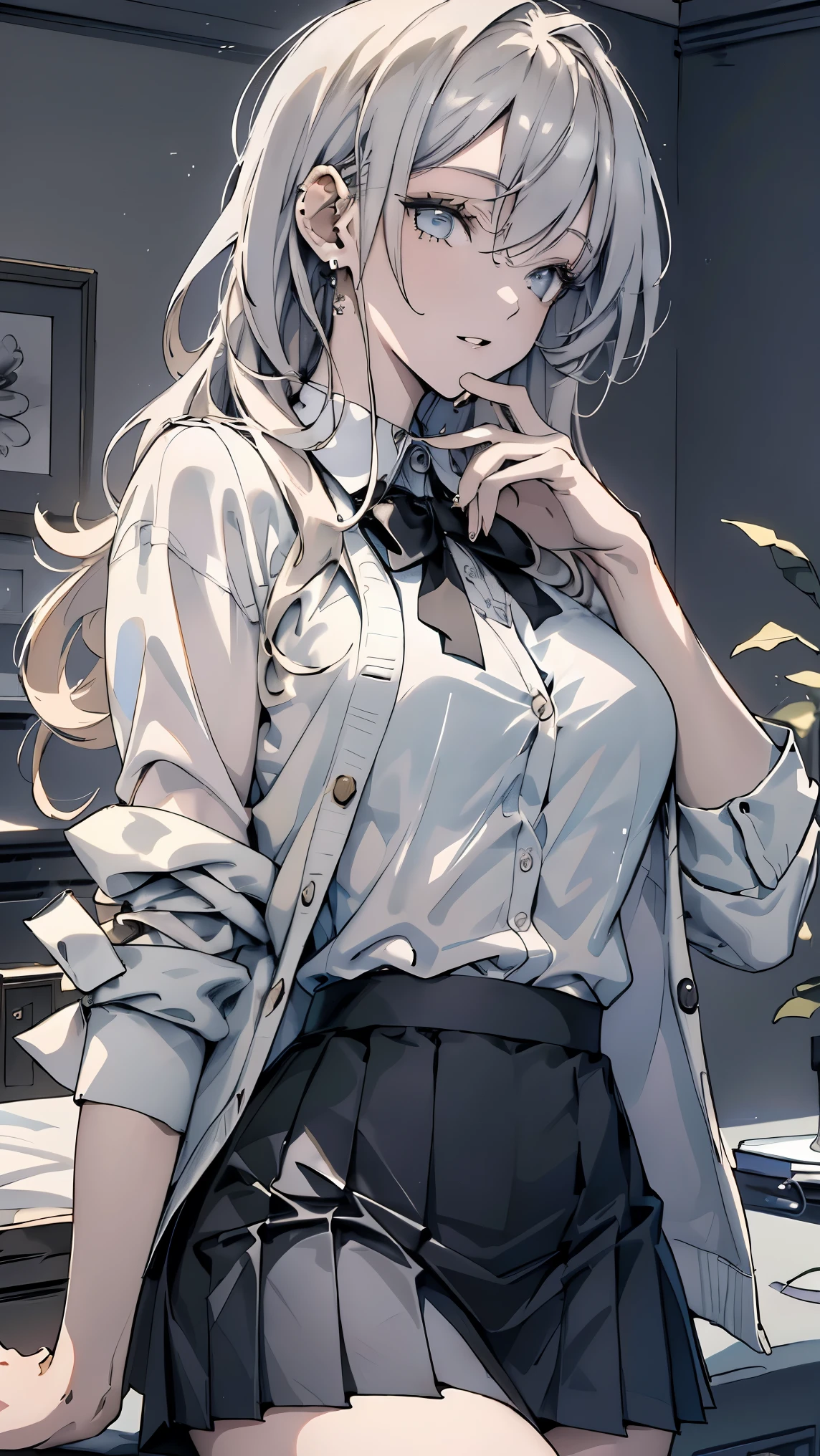 perfect hand,high definition Ink Drawing art:0.8, animation,Sculpture, Marble Skin, ((( Ultra-detailed and elegant ))), detailed skin, texture ,( in fine detail, details, Ultra Precision Art), depth of field, bokeh, Silky Touch, hyper-detailed , 1girl, busty, Long Golden Hair:1.1,(white shirt on Gray cardigan with 4 lines on the right sleeve:1.2), Grey pleated mini skirt,bedroom interior design seamlessly blended modern and urban elements,Close-set eyes,