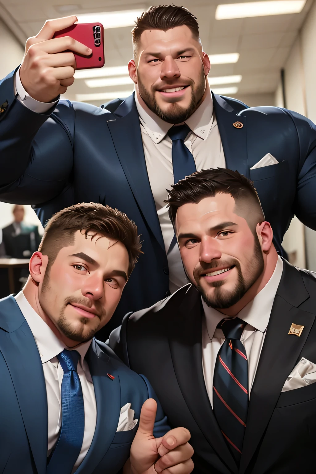 Several giant alpha big and tall males in a office meeting with nice suits and ties with big muscles. Taking a selfie together. Very close to each other, smiling at camera. Flexing.