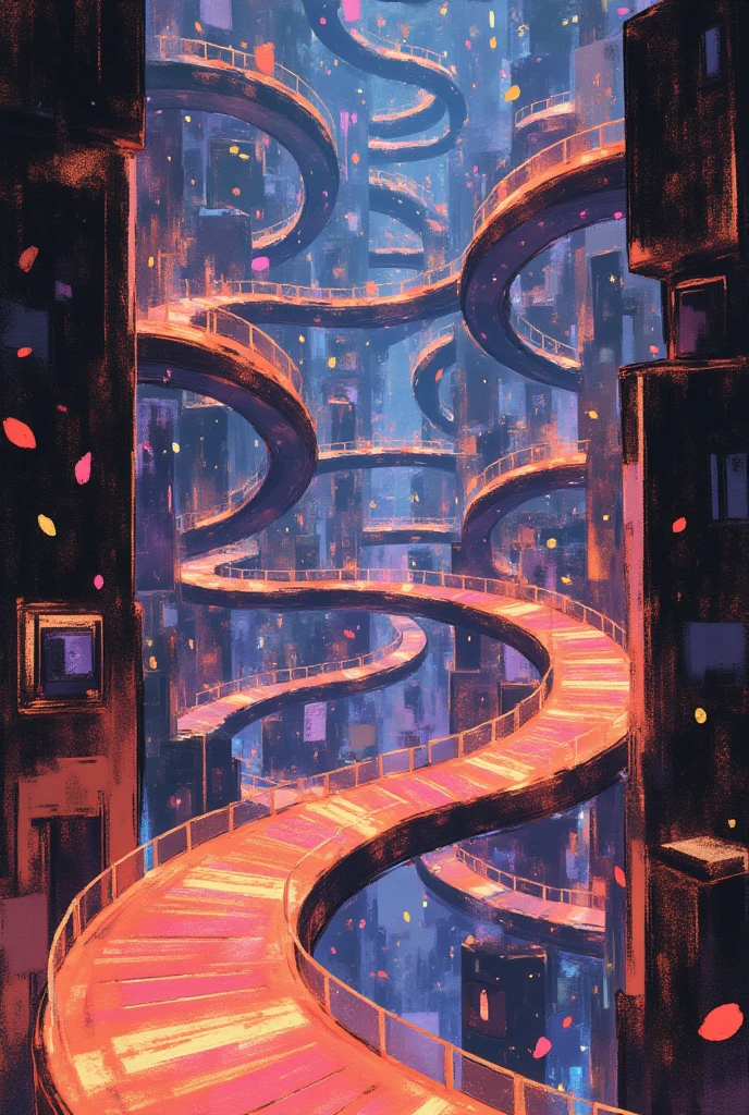 Masterpiece, Best Quality, High Resolution, 4k, 8k, (Realistic, Photorealistic: 1.5), twisting, endless corridors, outer space, all glass, seven colors, colorful, warm and dramatic lighting, fantastic and dreamlike atmosphere((Colorful Petals: 1.8)), ((outer space: 1.5))