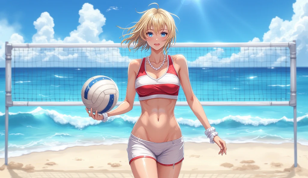 tropical island, beach, palm trees, ocean, beach ball, sand, sky, clouds, sun, sun light, (masterpiece), best quality, 8k, 4k, hd, hires, best quality, masterpiece, ultra-high detailed, hyper-detailed, intricate details, photo-realistic, beautiful details, studio lighting, detailed clothing, highly textured clothing, satin lighting, hyper resolution, insanely detailed, young woman, fit body, slender arms, nice thighs, two piece swimsuit, bright swimsuit, show belly, slender waist