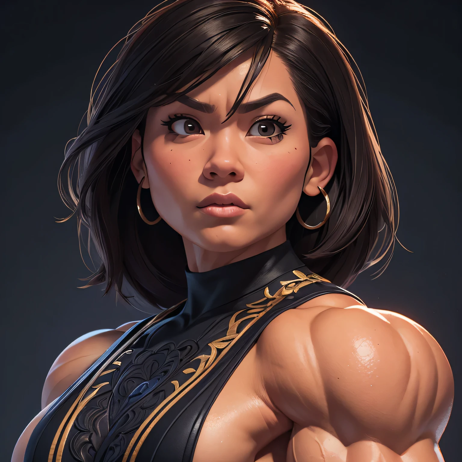 (masterpiece:1.2), (best quality), (ultra detailed), (8k, 4k, intricate),(full-body-shot:1), (highly detailed:1.2),(detailed face:1.2), (detailed background), asian muscle woman with dark hair, woman with huge muscles, stern expression,
