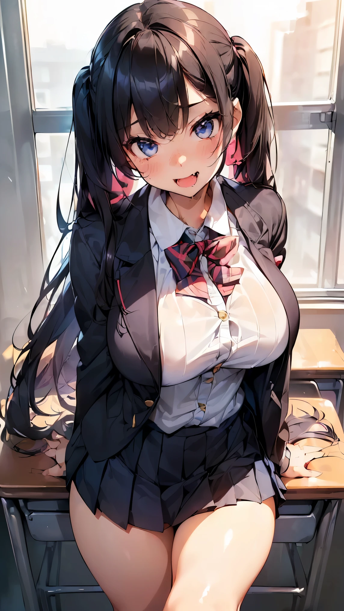 ((masterpiece、Highest quality、Very detailed))、One person、gyaru、Black Hair、Long Hair、twintails、Grey Eyes、evil smile、((Grin))、((lots of piercing))、Small breasts、((White collared shirt))、((clavicle))、cleavage、((gray cardigan))、((Black pleated skirt))、((micro miniskirt))、((bent over))、Cowboy Shot、Classroom Background