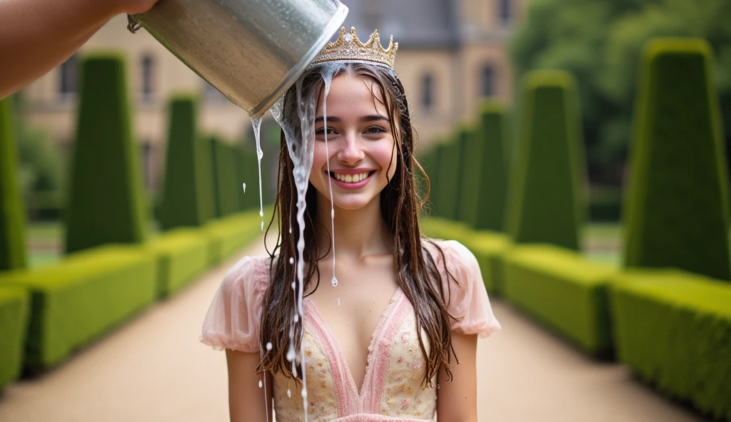 A beautiful 21-year old princess in a crown and a dress has a bucketful of water thrown into her face.  She is completely soaked.  Formal gardens setting.