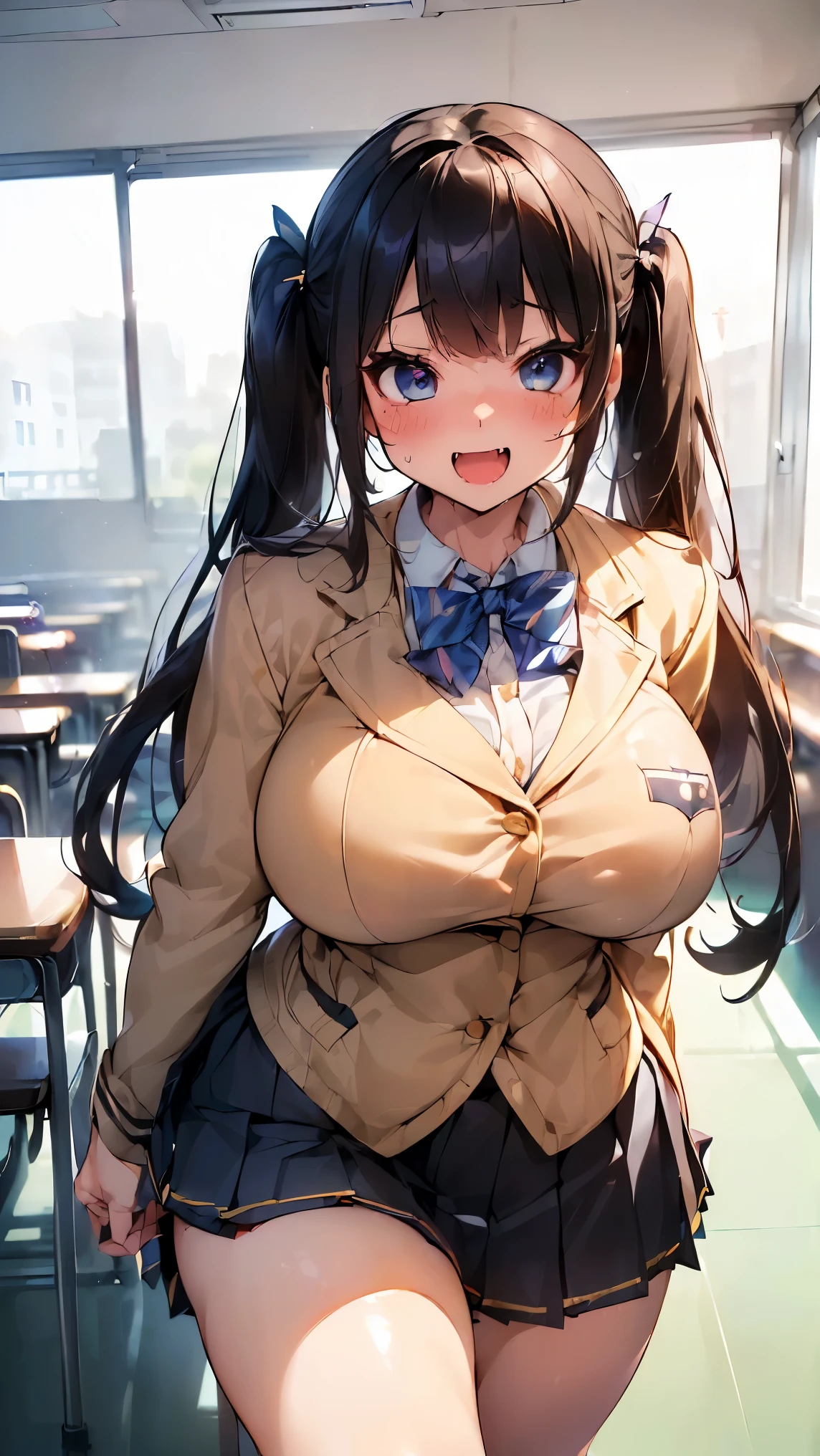 girl, standing leaning forward, sailor collar, bow details, long sleeve cropped blouse, gigantic breasts, very long hair, twin hair buns, detailed face, looking at viewer, smile, navel, pleated mini kirt sitting, table, book and writing tools on table, classroom, black hair, photorealistic, high bloom effect, diffused light, overexposed edges,
