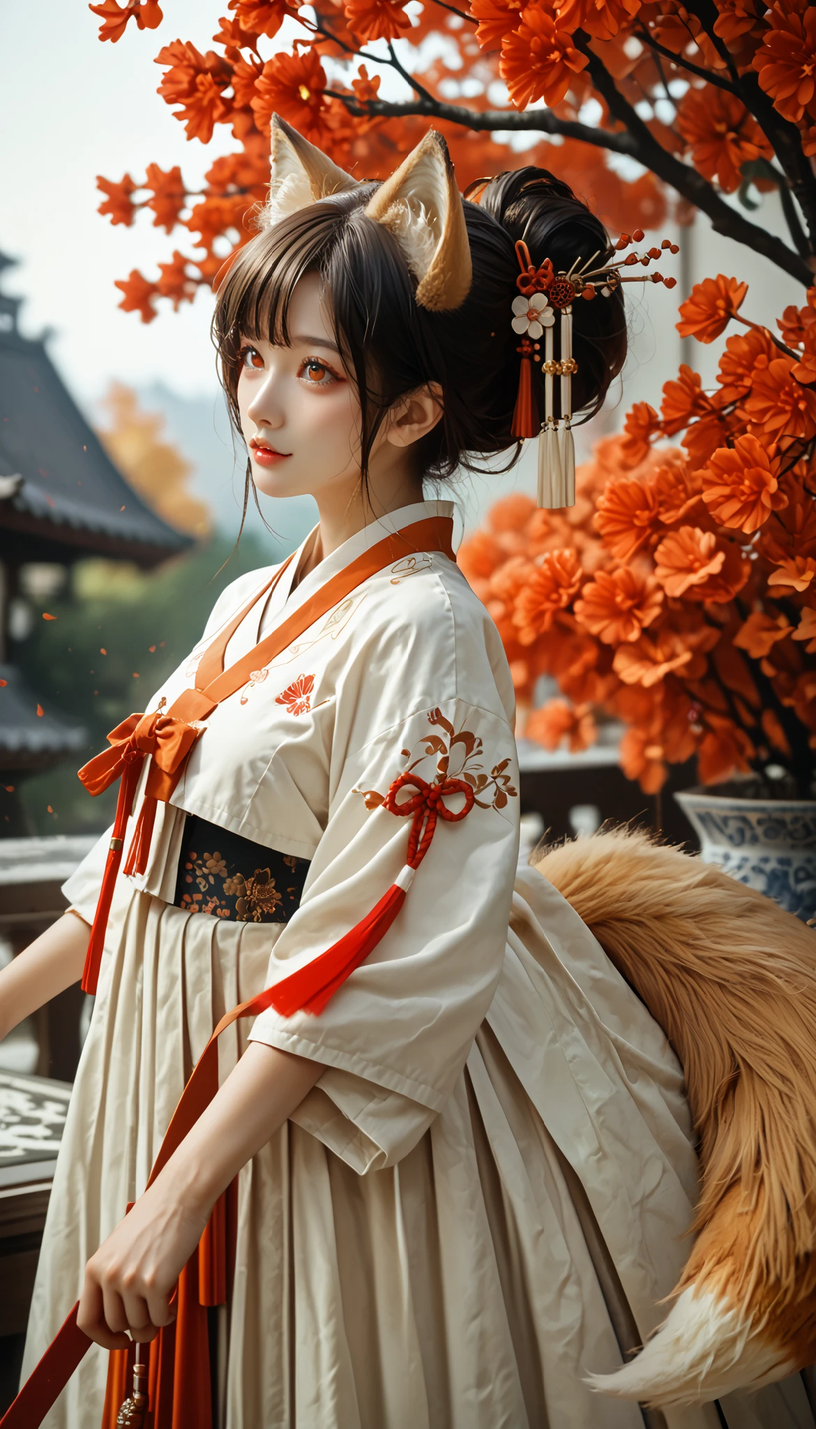 (masterpiece,  best quality :1.2), 1 woman,  alone, Gumiho, 여자 Gumiho,  Korean girl, Fox ears, fox tail, Hanbok,  dark hair