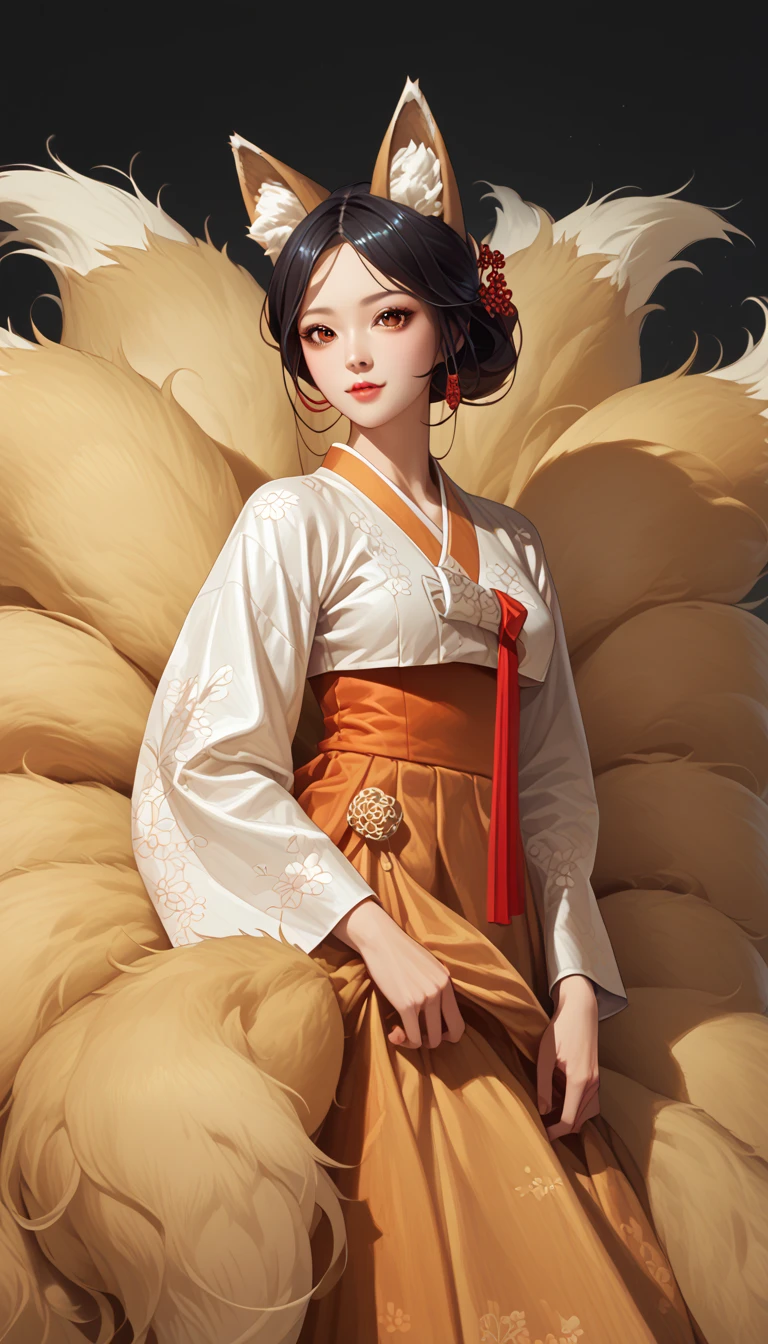 (masterpiece,  best quality :1.2), 1 woman,  alone, Gumiho, 여자 Gumiho,  Korean girl, Fox ears, fox tail, Hanbok,  dark hair