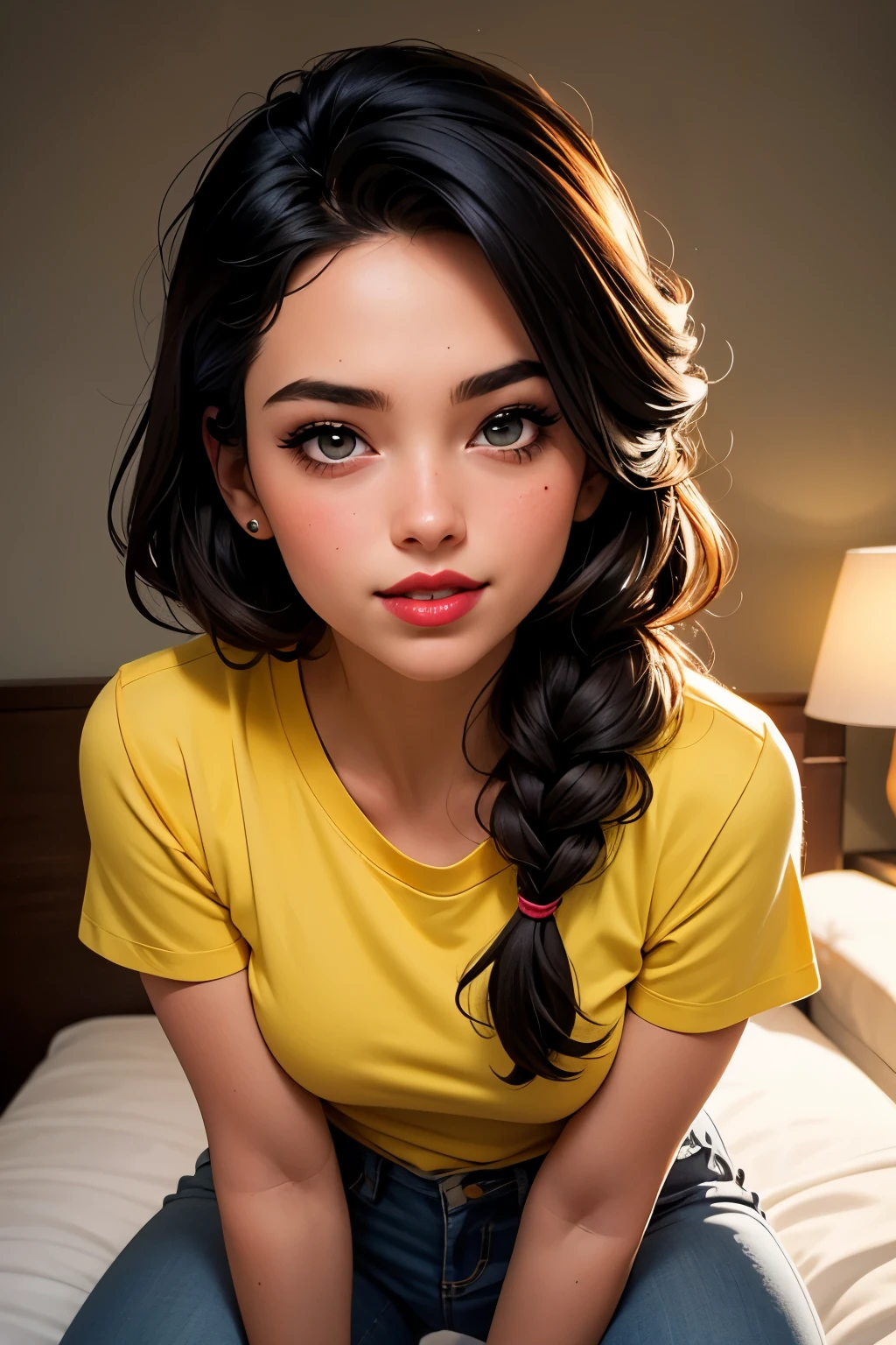 Amazing portrait of a cute and sexy woman with her black hair braided over her shoulder and a beautiful face with smokey eyes in a seductive gaze and red lips in a seductive smile, her porcelain skin blushing pink wearing a pastel yellow t shirt and jeans on a bed with intimate lighting beautifully accentuating her amazing features