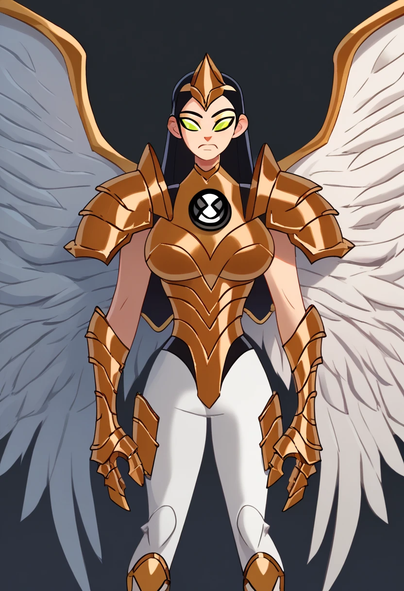 score_3_up, 1 woman,  green eyes, wings, white wings, multiple wings, 4 wings, armor, armor de metal, golden armor,  black hair, Big breasts, white pants, Long hair , armor solar, Ben 10, 1 Insignia