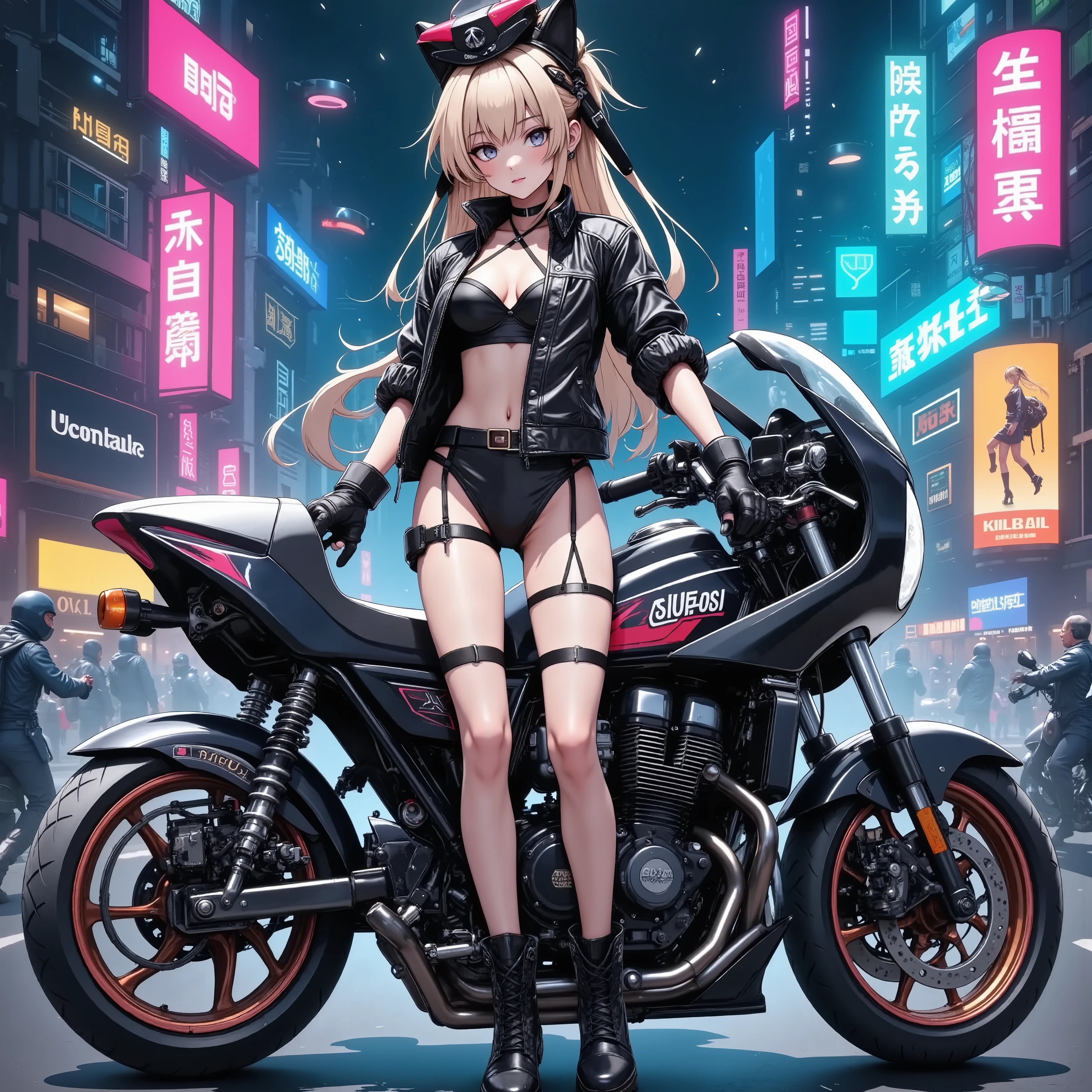 A girl standing next to a motorcycle　+ night neon city +Cyberpunk city