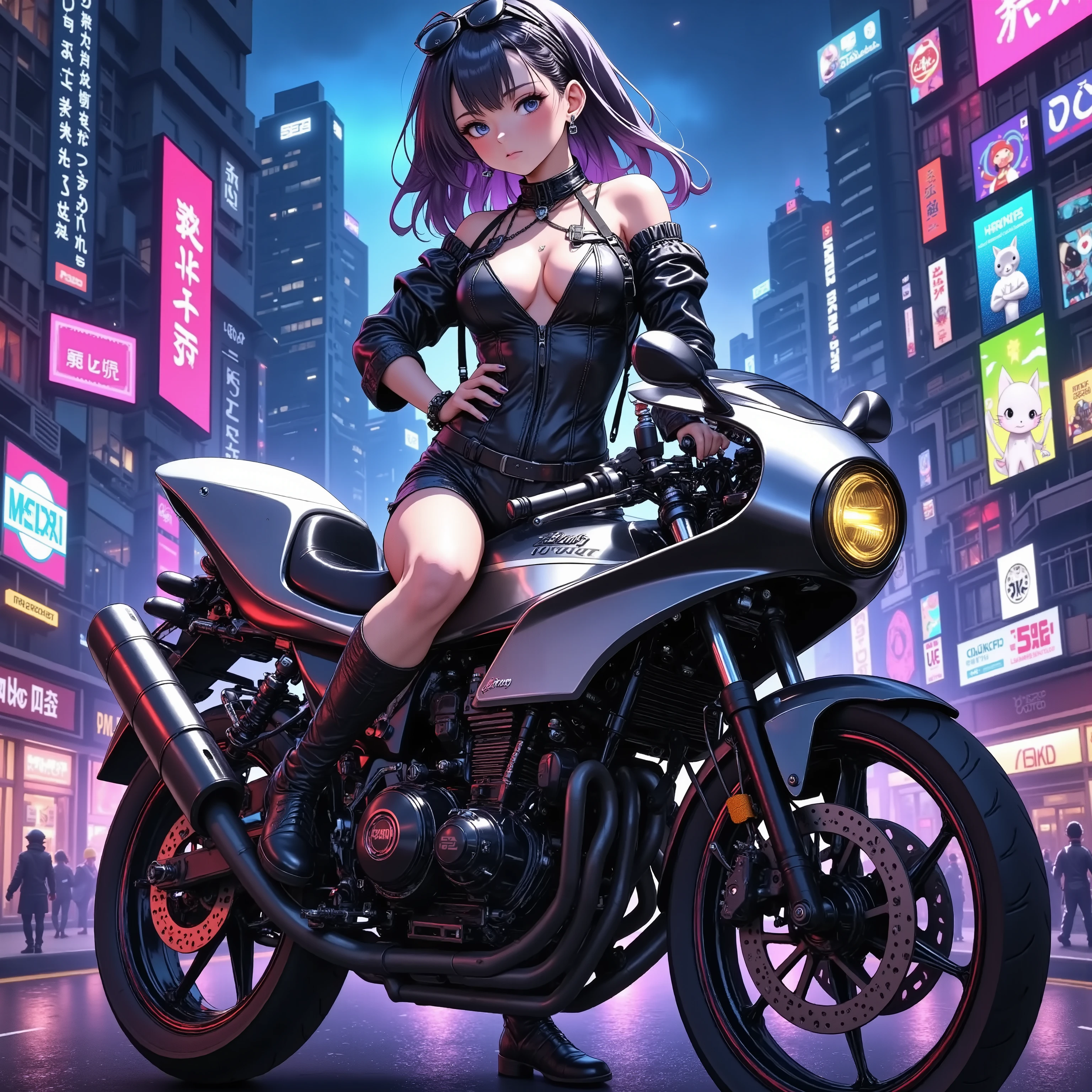 A girl standing next to a motorcycle　+ night neon city +Cyberpunk city